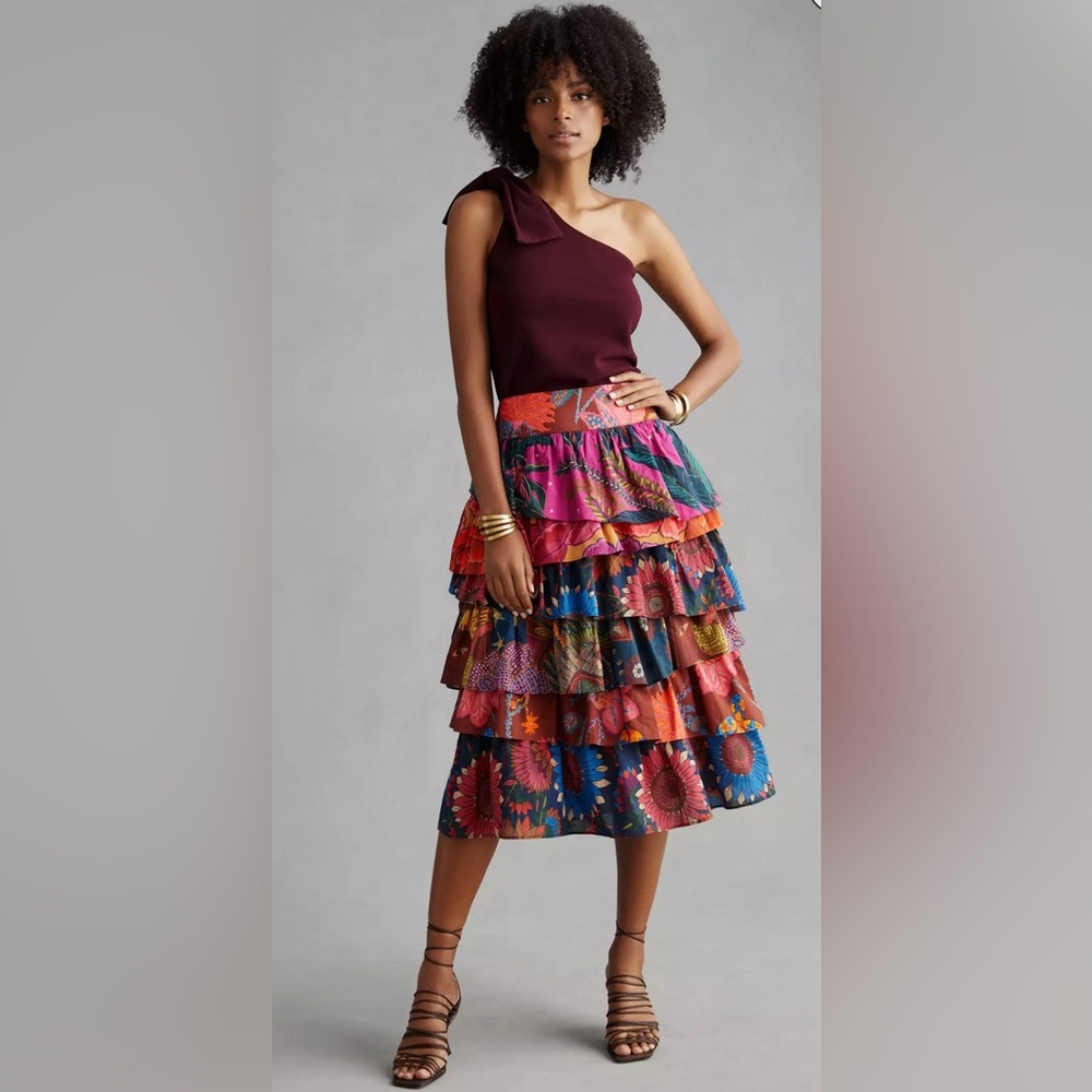 NWT ANTHROPOLOGIE Farm Rio Tiered Midi Floral Tropical Skirt - Picture 11 of 13